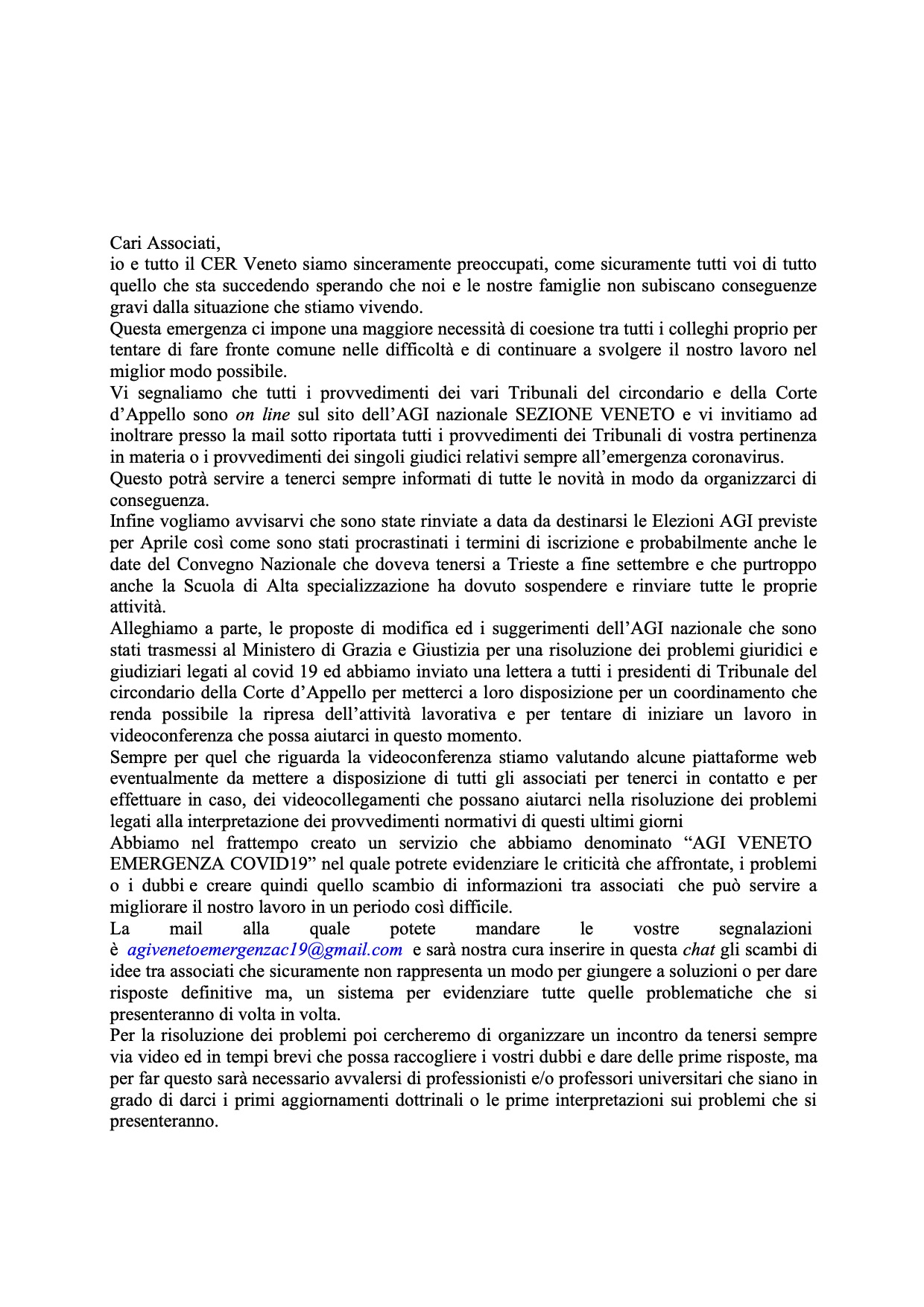 Lettera Presidente Agi Veneto 19.03.2020 - Attivazione cassella di posta elettronica  agivenetoemergenzac19@gmail.com 